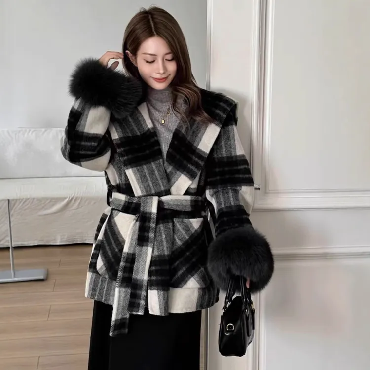 中长款女宽松型长袖长款冬季毛呢外套千鸟格网红呢大衣秋冬加厚