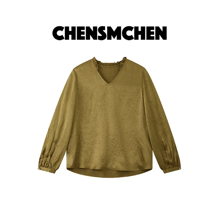 CHENSMCHEN 100醋酸V领长袖衬衫女休闲百搭宽松显瘦衬衣CSC8607YW