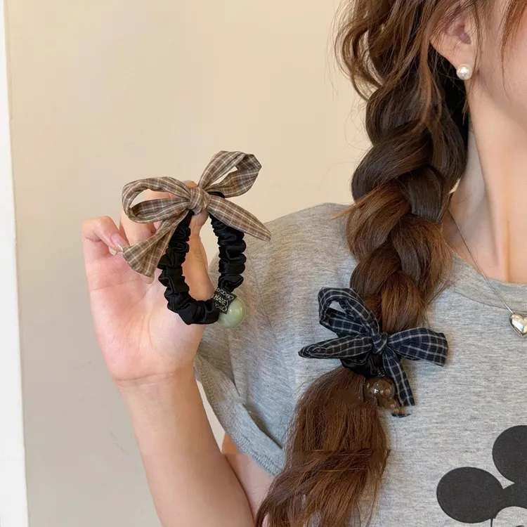 蓝色格纹蝴蝶结发圈女扎头发绳新款韩系皮筋头绳洋气时尚发饰百搭