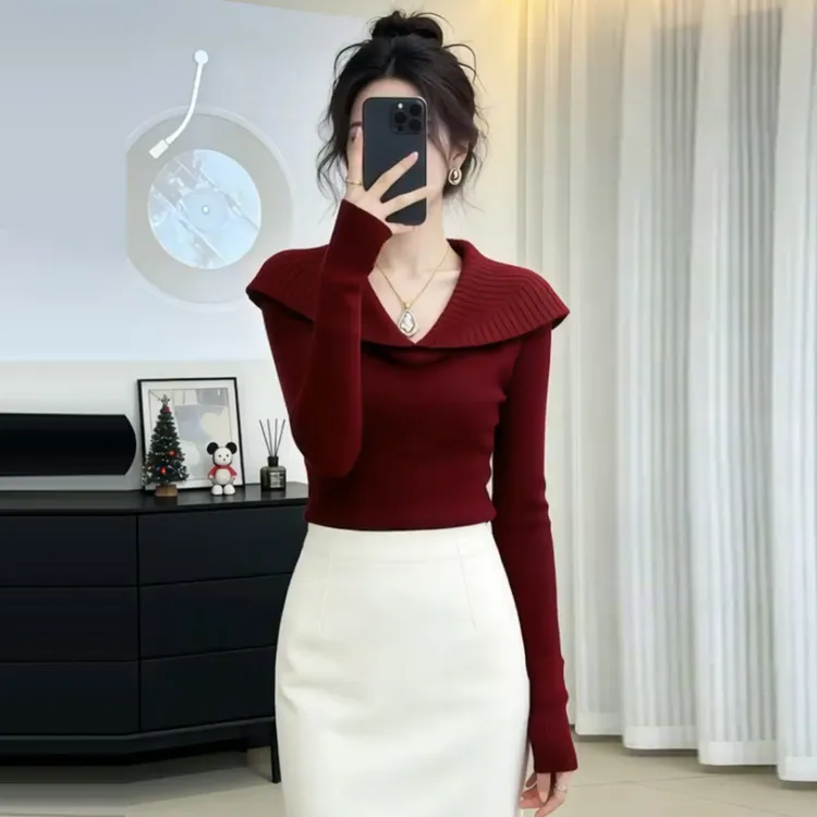 法式复古红色翻领毛衣女秋冬季2026新款高级感内搭打底衫针织上衣