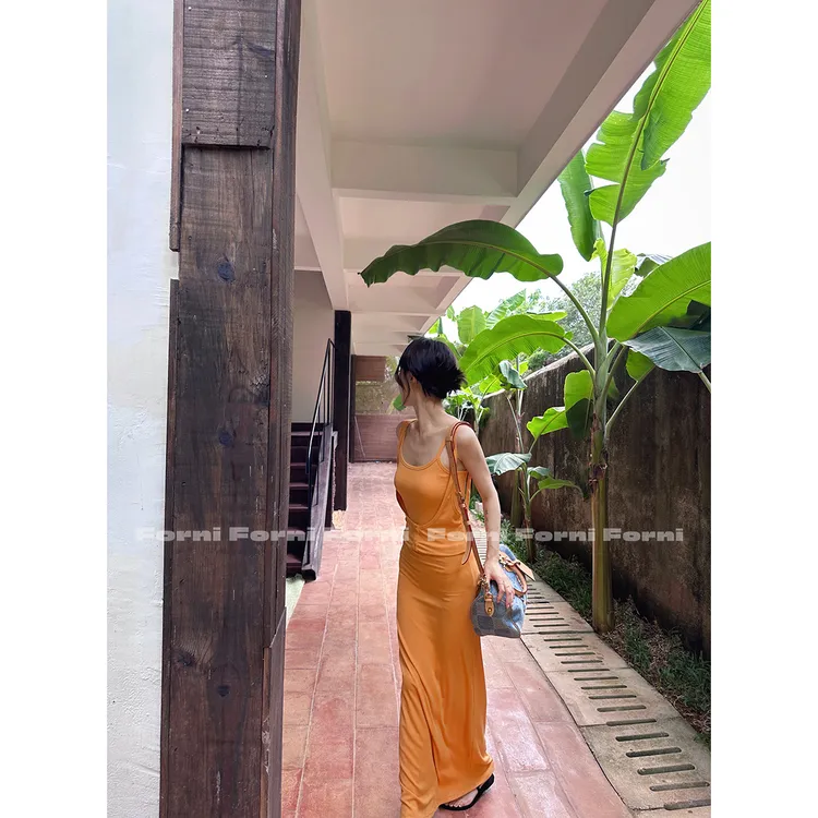 FORNI 画报裙 气质女人莫代尔假两件两粒扣针织吊带背心长裙