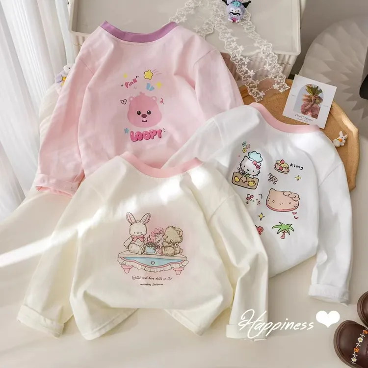 女童长袖T恤春秋款韩版时髦卡通印花撞色打底衫女宝宝可爱秋装