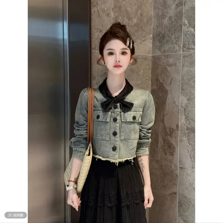 奶油蛋糕系带拼接蝴蝶结翻领牛仔外套VS松紧腰蕾丝网纱蛋糕裙