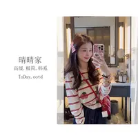  晴晴家-【条纹涂鸦T】秋季韩系百搭通勤小众条纹刺绣涂鸦t恤1678