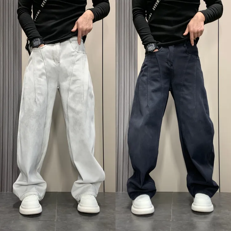 2025冬季新款水洗加绒弯刀潮流牛仔裤加厚百搭松紧腰阔腿哈伦裤