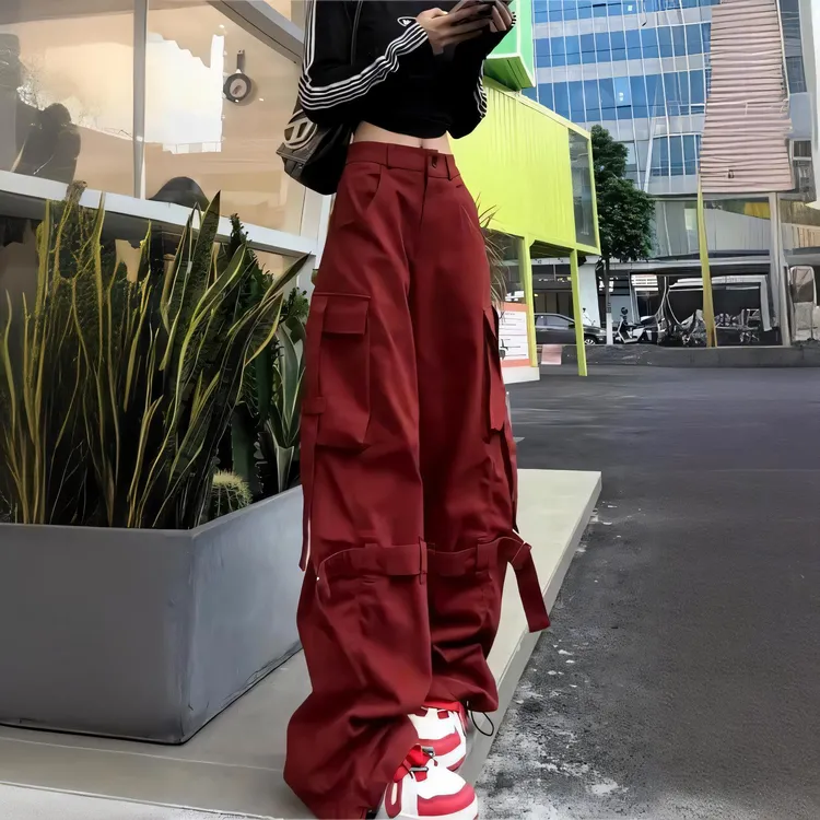 美式高街工装裤女口袋夏季直筒拖地长裤女款阔腿裤裤子红色运动裤