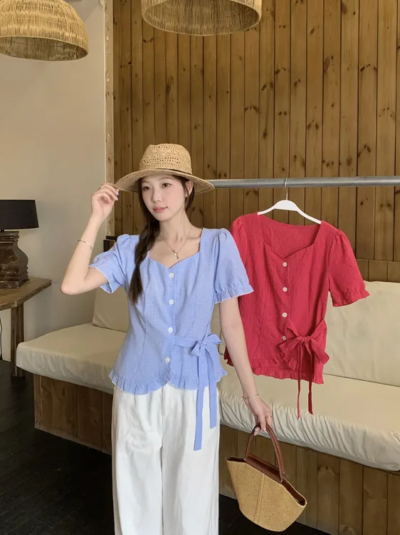 大码法式方领短袖衬衫女2025夏季胖mm设计感收腰系带上衣80006