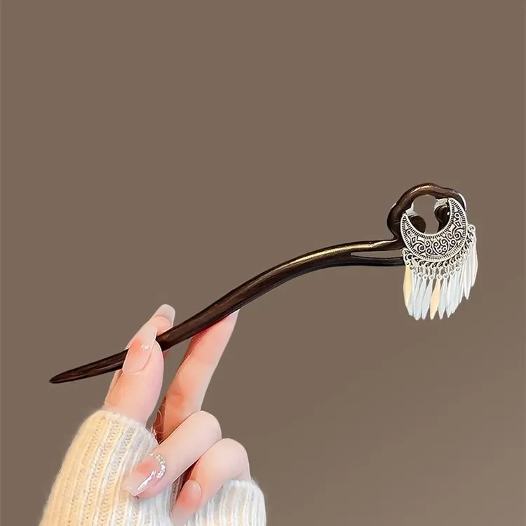 仙气飘飘月牙流苏发簪新款汉服头饰木质发钗高级感盘发木簪子小众