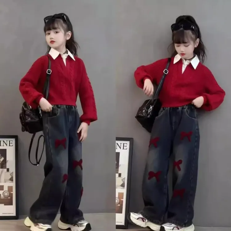 女童装2025秋季时尚新款毛衣春秋装中大童女孩时髦洋气牛仔裤套装