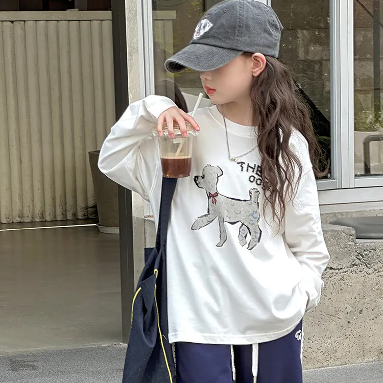 纯棉T恤女童宽松长袖T恤儿童韩版打底衫中大童装上衣2025春秋新款