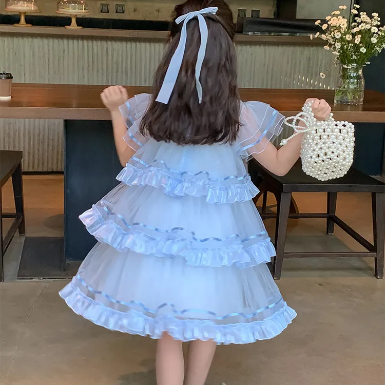 夏新款女童裙子气质宝宝女款生日首饰裙自带蓬度中小童纯色聚酯