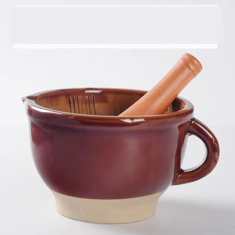 老式粗瓷土陶大号擂钵捣蒜器擂辣椒皮蛋蒜臼子家用榉木擂棒