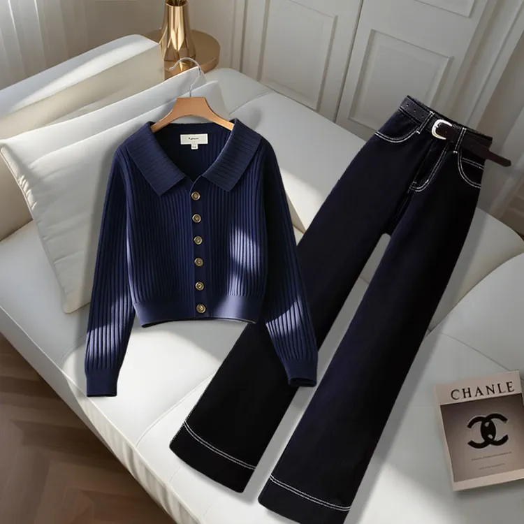 秋冬新款时尚百搭套装女高腰阔腿裤气质减龄针织衫毛衣入秋一整套