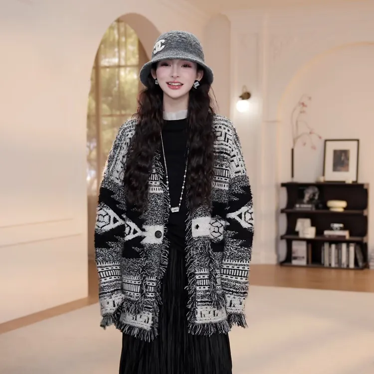 【YANYAN】灰色针织衫开衫女秋冬季新款时尚流苏边长袖毛衣外套5759