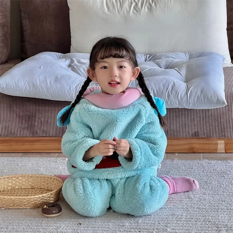 法兰绒儿童睡衣套装秋冬加绒加厚女孩丑鱼珊瑚绒男女童家居服外穿