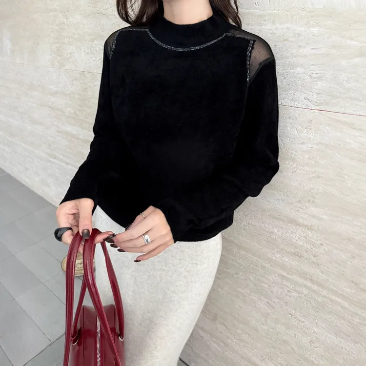 不起球精品天鹅绒针织打底衫半高领秋冬新款压钻内搭毛衣显瘦女装