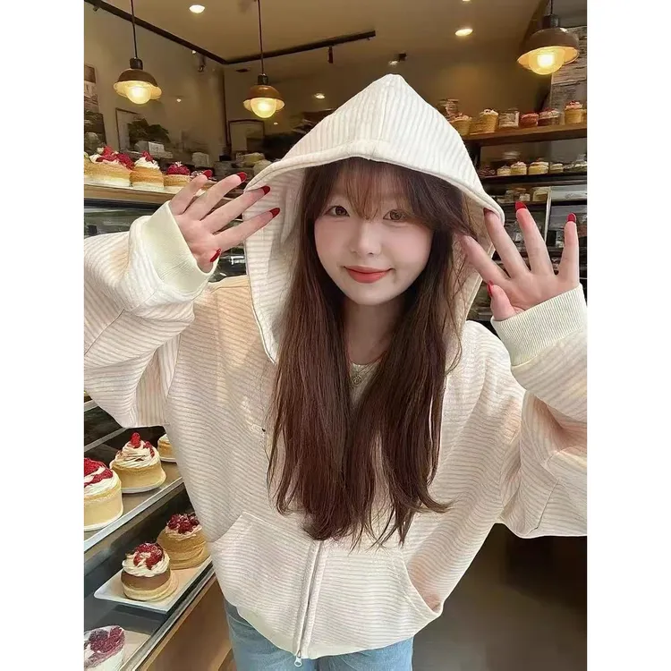 条纹少女薄款加绒纯棉华棉复合休闲时尚开衫ins卫衣女百搭连帽