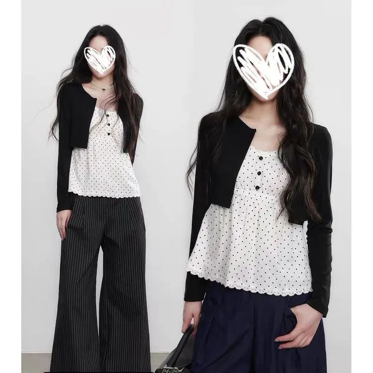 高级感简约秋季新款波点设计V领修身显瘦假两件长袖设计感小衫女