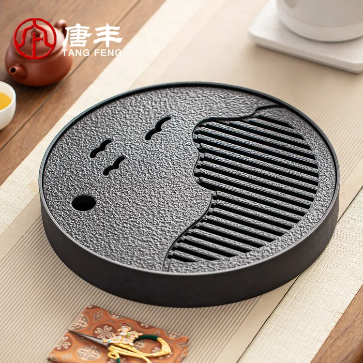 唐丰圆形仿乌金石茶盘家用现代感功夫茶小托盘迷你一人饮干泡茶台