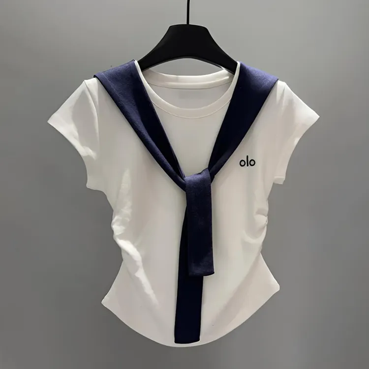 卡莲格/大码T恤女2025夏装撞色圆领海军风假两件披肩短袖显瘦上衣