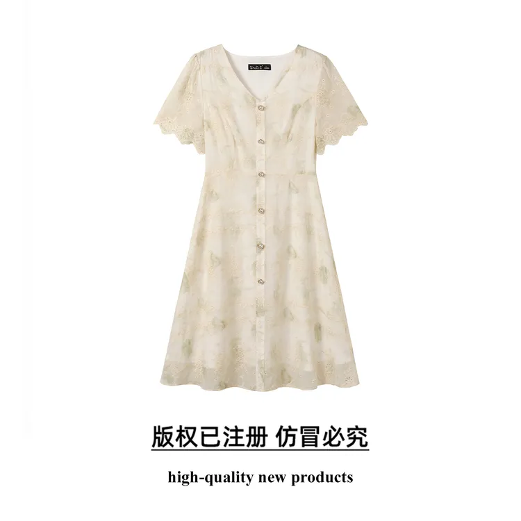 奢姿大码女装2025夏季减龄镂空温柔印花连衣裙胖妹妹时尚V领裙子