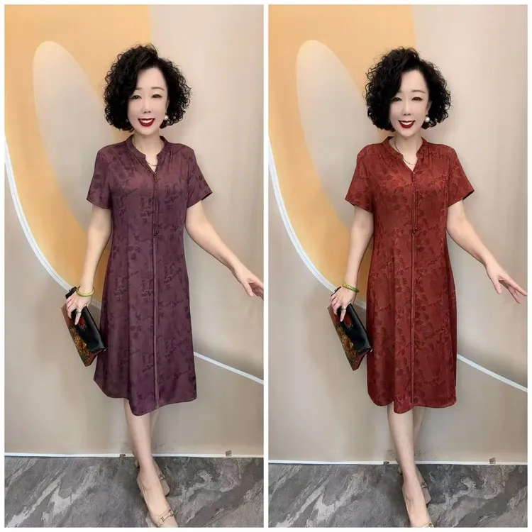 2516夏新品艺术靓花中老年宽松大码遮肚长款连衣裙，裙长107