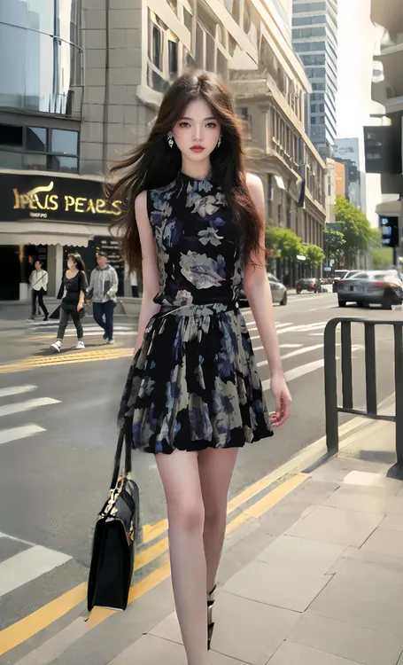小众印花设计轻熟风圆领无袖修身收腰连衣裙时尚气质显瘦减龄短裙
