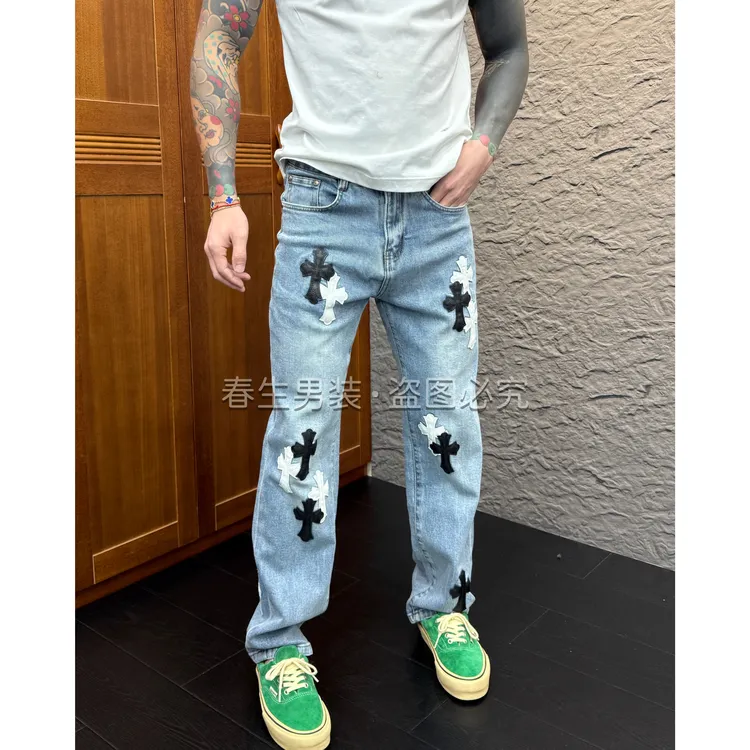 2025秋冬新款时尚休闲百搭净版厚款贴皮男士直筒宽松牛仔裤6136