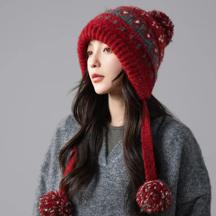 费尔岛风提花护耳帽子冬季女韩系户外保暖针织毛线帽显脸小雷锋帽