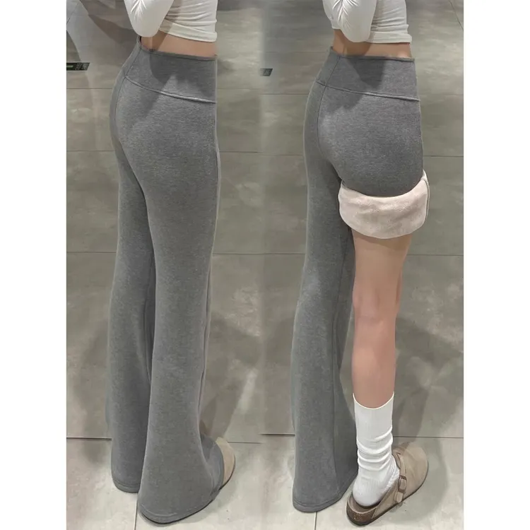 浅灰色加绒加厚微喇运动卫裤女秋冬2025新款高腰显瘦瑜伽休闲长裤