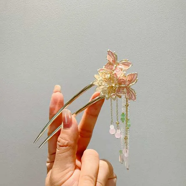 国风高档蝴蝶发簪女新款步摇流苏盘发簪子U型发卡新中式汉服发钗