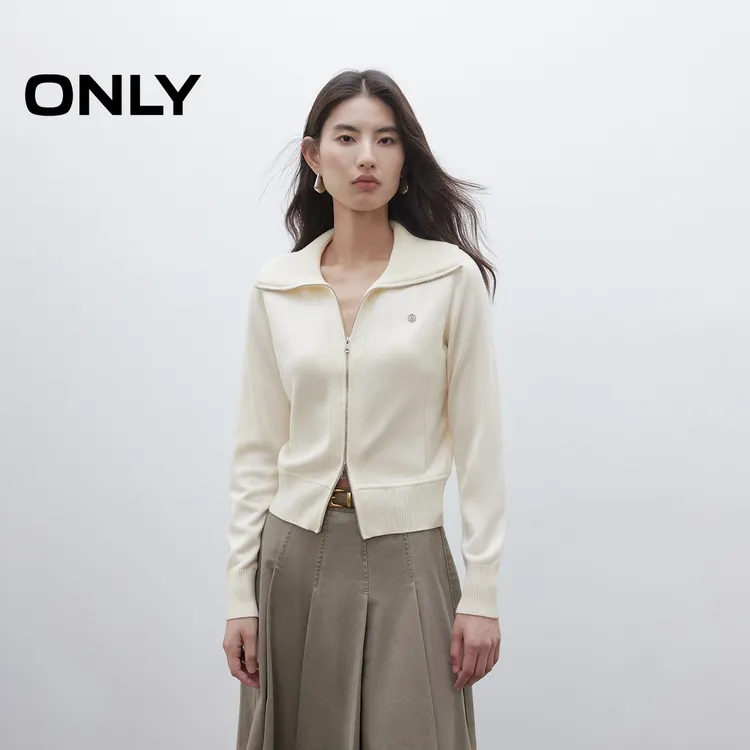 ONLY2025秋季新款软糯舒适翻领长袖拉链开衫针织衫女|12533A016