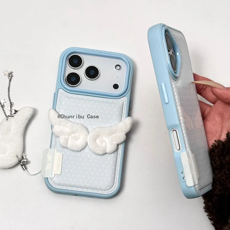 小清新皮纹蓝底波点翅膀秋冬韩系适用苹果17/16promax手机壳15/14