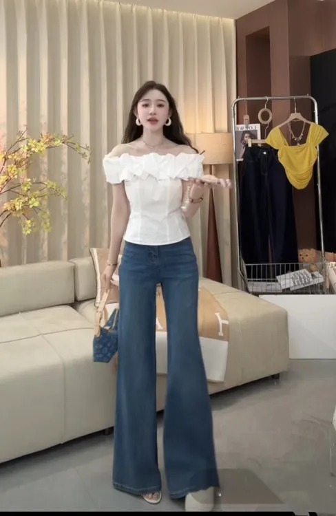 设计感小众辣妹气质修身一字肩上衣女夏季2025新款高腰显瘦牛仔裤