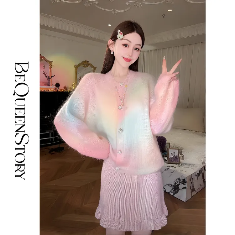 余潇潇【彩虹秘境】马海毛绵羊毛混纺纱线针织彩虹晕染圆领开衫