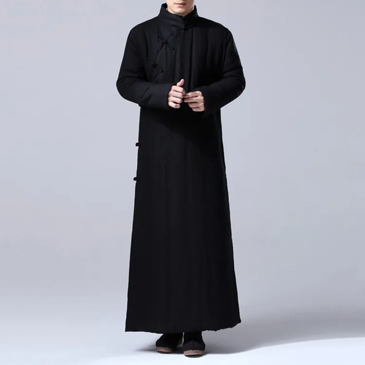 棉袍中国风男装长款过膝棉衣复古盘扣斜襟苎麻棉服外套中式棉袄冬