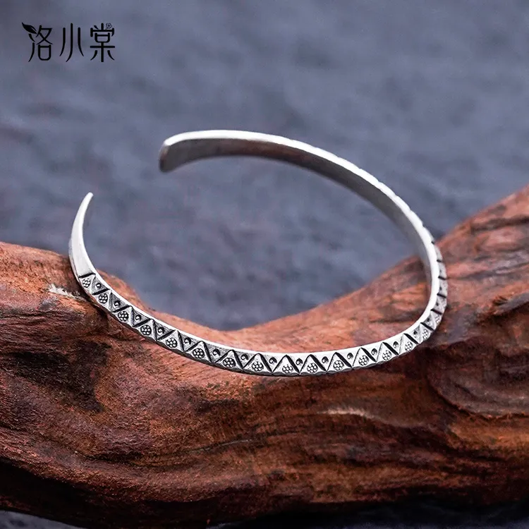 925银手镯 洛小棠【棱星】原创复古经典重工百搭925银手镯