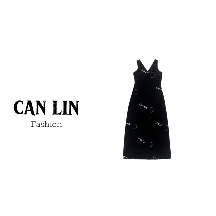 CAN LIN秋装V领复古港风丝绒无袖连衣裙收腰显瘦纯色高级感女