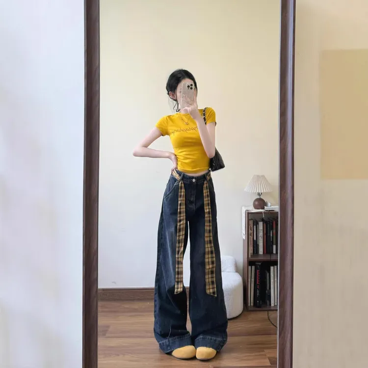 新店福利显瘦阔腿裤牛仔高腰直筒夏季复古百搭宽松长裤美式休闲辣
