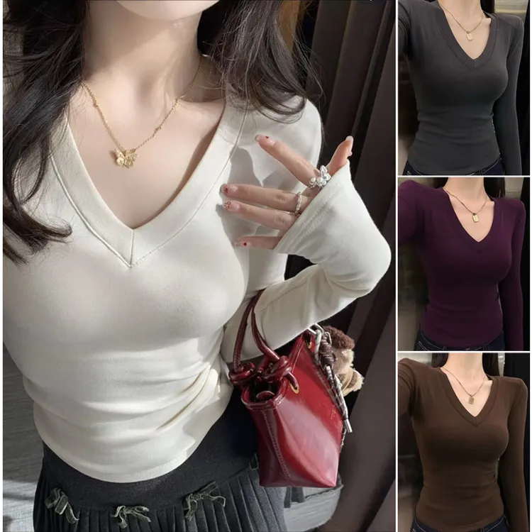 加绒加厚V领打底衫女内搭2025秋冬新款长袖修身显瘦百搭上衣7139