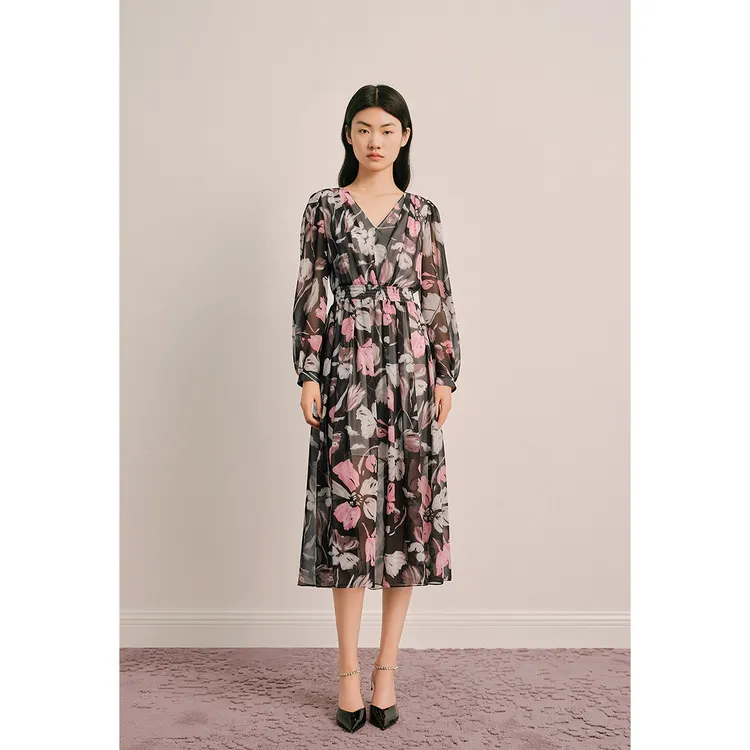 OBBLIGATO2025春季新款黑色V领花卉印花薄纱高腰连衣裙1C65105430