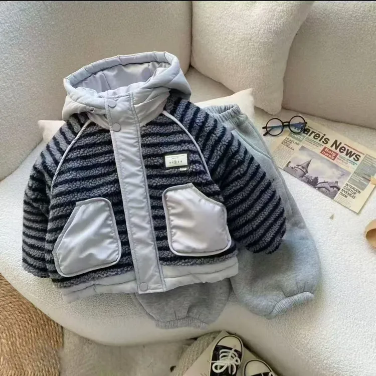 男童冬装连帽棉服小童条纹拼接保暖外套宝宝加绒棉袄儿童棉衣冬装
