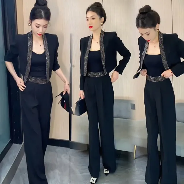 通勤时尚套装女2025春季新款气质女神镶钻小西装阔腿裤显瘦两件套