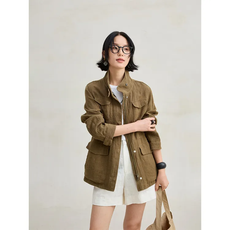 麻霖原创设计女装9支100%汉麻文艺休闲显瘦立领西装开衫外套