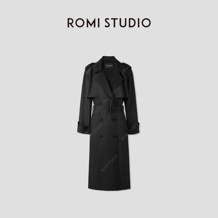 ROMI STUDIO 100%桑蚕丝双排扣翻领收腰长款风衣外套 RWCAWG4751
