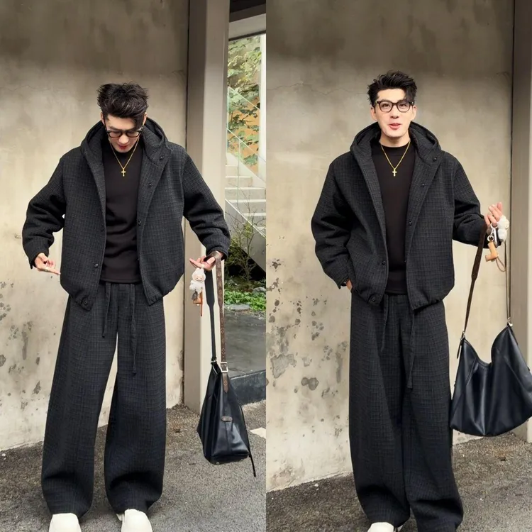 秋冬新品小众高级感加棉格子外套男复古宽松百搭外套加厚阔腿长裤