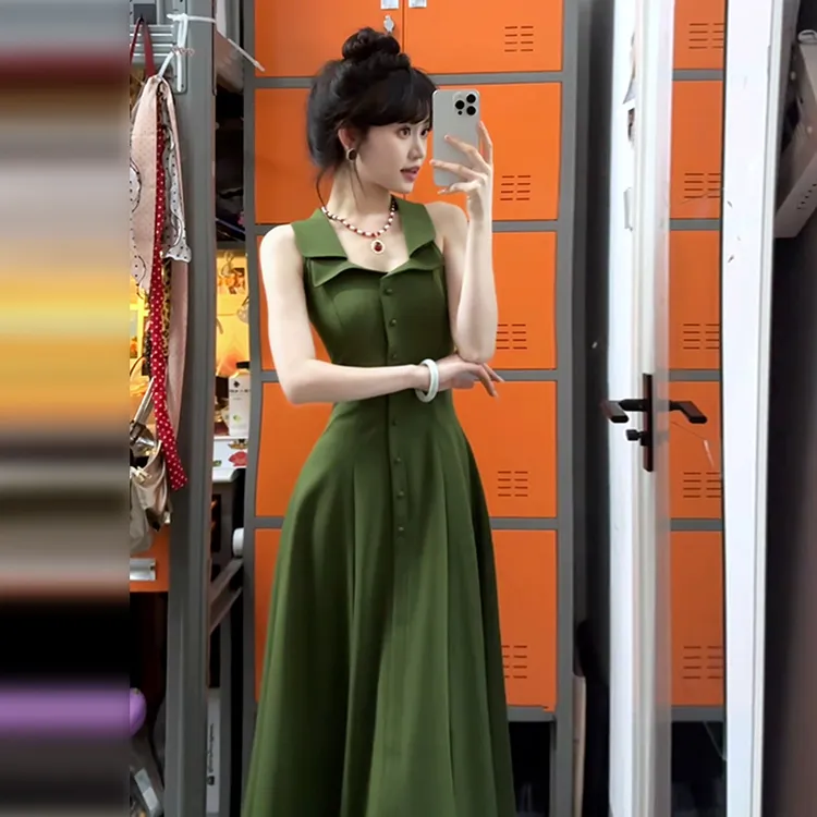 斯嘉丽赎罪绿双领收腰西装料气质高级简约连衣裙1995