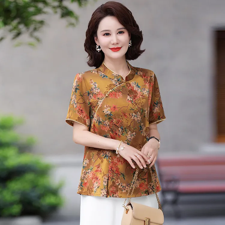 新中式国风小立领上衣短袖妈妈2025夏季新款改良旗袍上衣洋气唐装