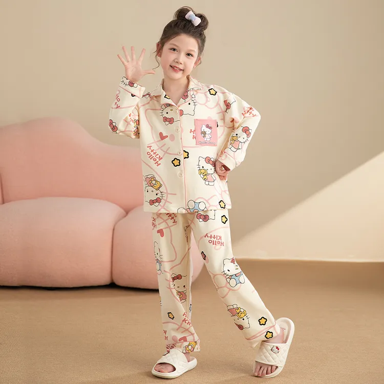 女童棉质春秋季家居服开衫长袖长裤套装宽松儿童舒适女中大童睡衣