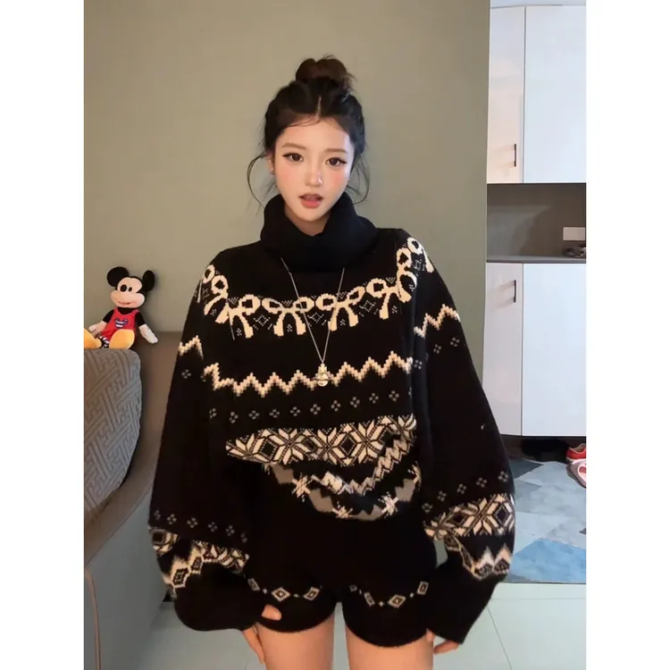 大码女装胖mm秋冬新款慵懒风费尔岛高领针织衫毛衣外套短裤两件套